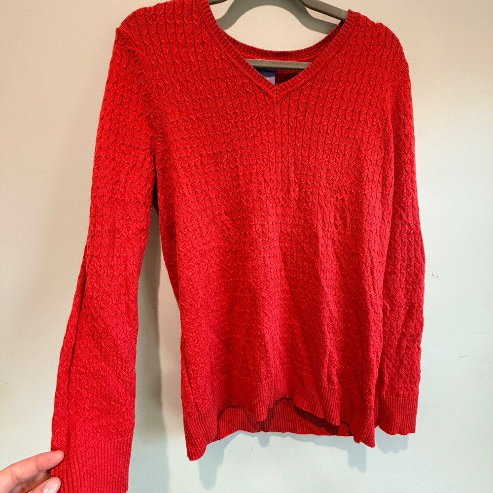 Laura Scott Cable Knit Sweater Women Large Red V Neck Cotton Blend Preppy